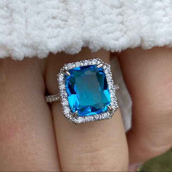 NEW Stamped 925 Silver Emerald Cut Aquamarine Ring - Picture 7 of 7